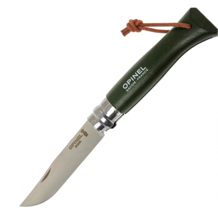 Нож OPINEL №8 TREKKING, нержавеющая сталь, кожаный темляк, хаки